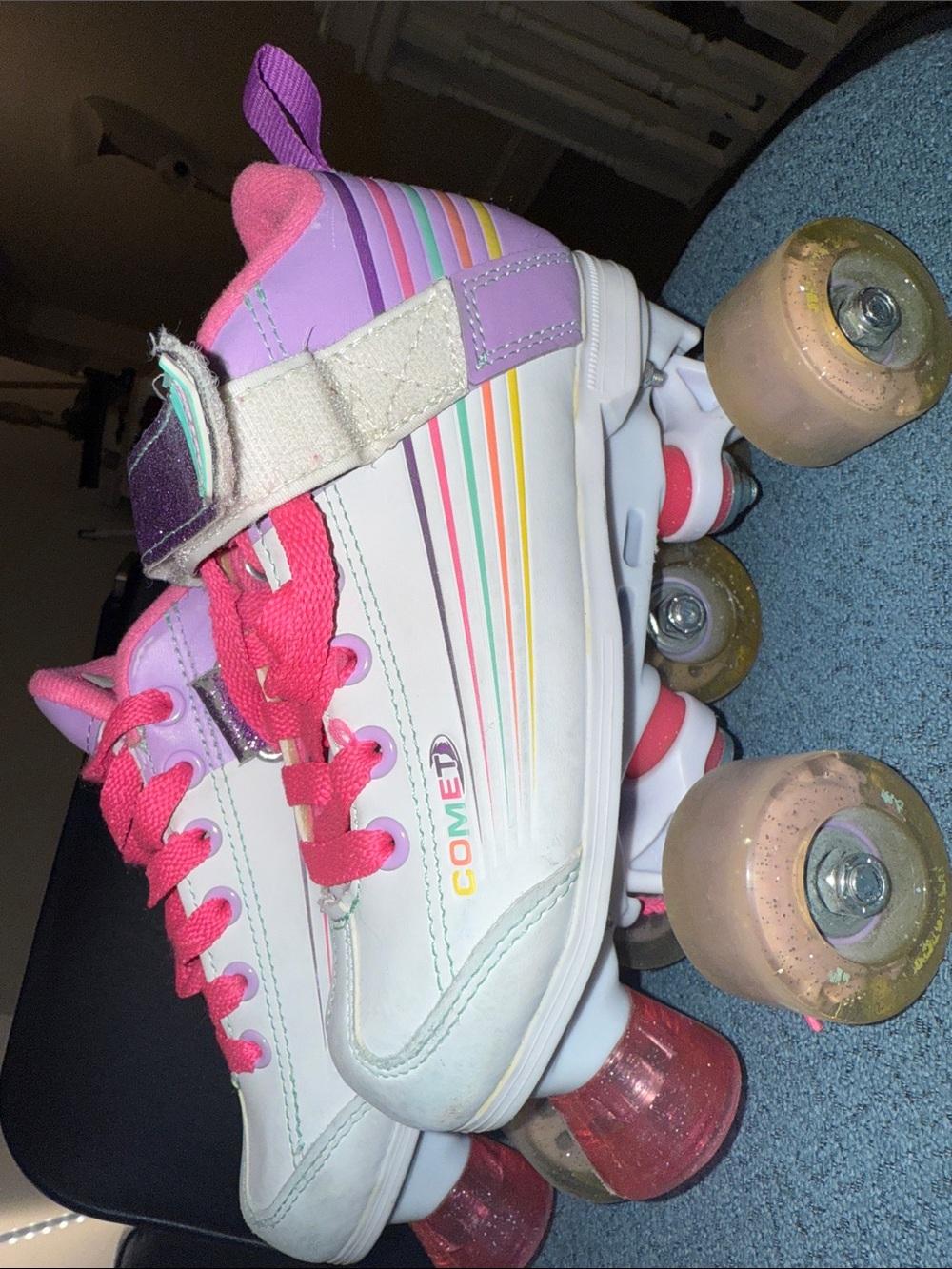 White Rainbow Stripe Roller Skates with Pink Accents